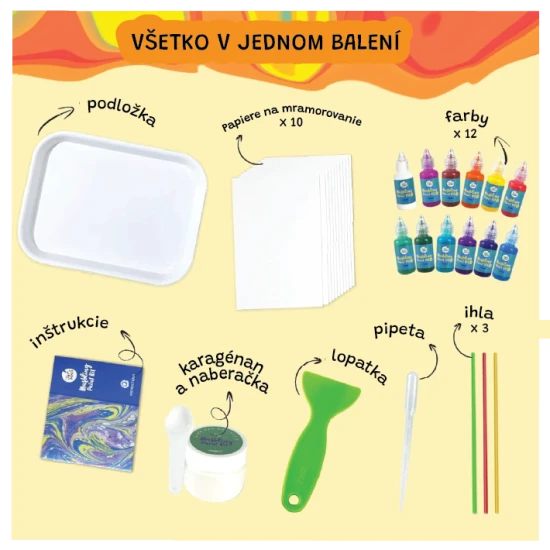 Marmorierset „Jarmelo“ – 12 Flaschen Farbe, Werkzeug und Papier für Wassermarmorierung