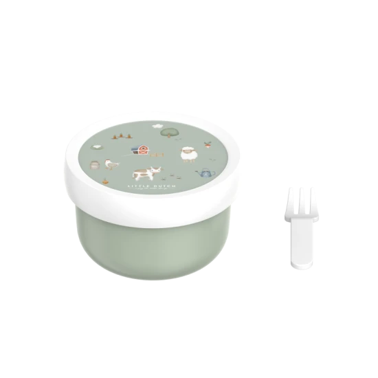 Funktionelle und verspielte Snackbox mit Bauernhof-Motiv.