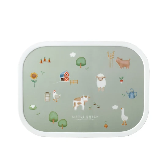 Funktionelle und verspielte Snackbox mit Bauernhof-Motiv.