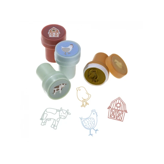 Selbstfärbende Stempel von Little Dutch mit Bauernhofmotiven: Schafe, Hühner, Traktoren und mehr.