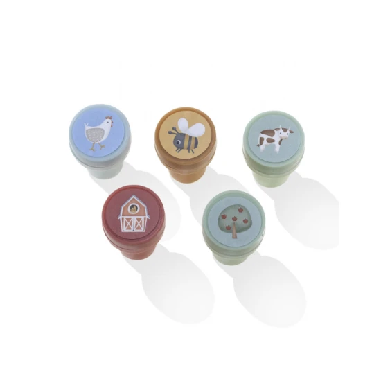 Selbstfärbende Stempel von Little Dutch mit Bauernhofmotiven: Schafe, Hühner, Traktoren und mehr.