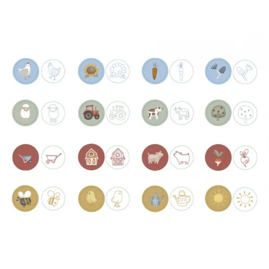 Selbstfärbende Stempel von Little Dutch mit Bauernhofmotiven: Schafe, Hühner, Traktoren und mehr.