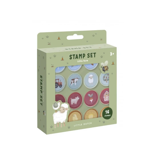 Selbstfärbende Stempel von Little Dutch mit Bauernhofmotiven: Schafe, Hühner, Traktoren und mehr.