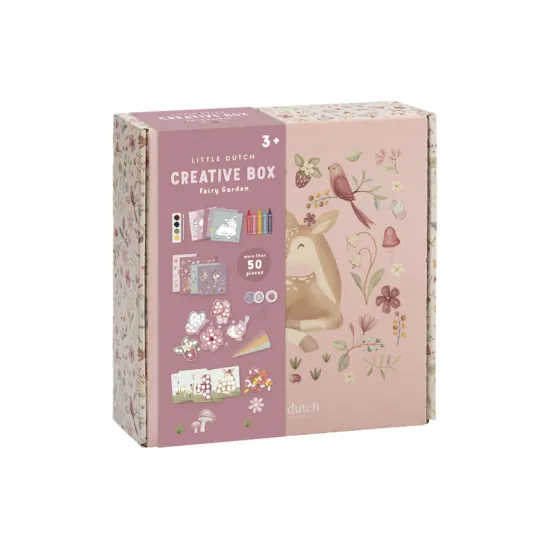 Das Kreativset „Feengarten“ enthält Buntstifte, Wasserfarben, Aufkleber und Knete zum Gestalten von Kunstprojekten für Kinder.