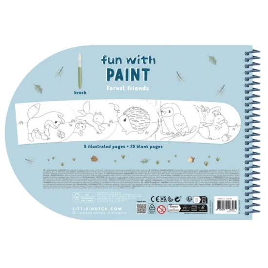 Ein komplettes Malbuch-Set mit Wasserfarben und Pinsel mit Motiven von Waldtieren.