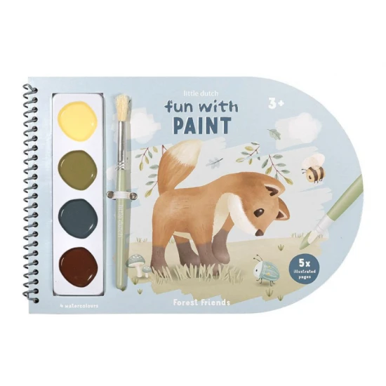 Ein komplettes Malbuch-Set mit Wasserfarben und Pinsel mit Motiven von Waldtieren.