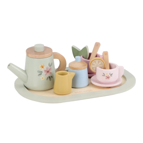 Holzteeset mit Blumenmuster