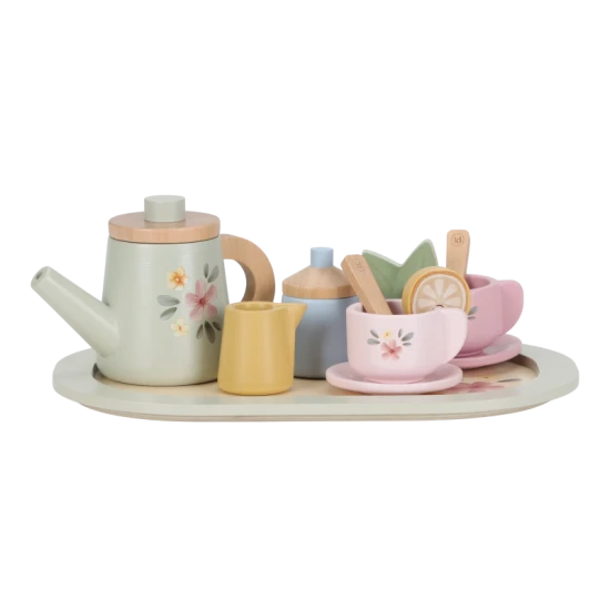 Holzteeset mit Blumenmuster