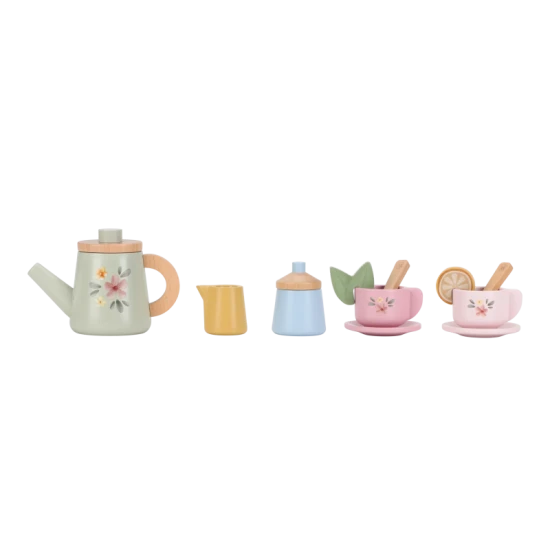 Holzteeset mit Blumenmuster