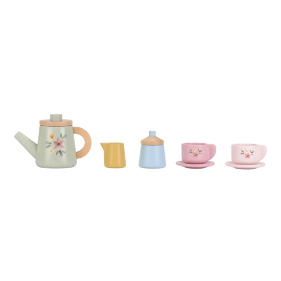 Holzteeset mit Blumenmuster