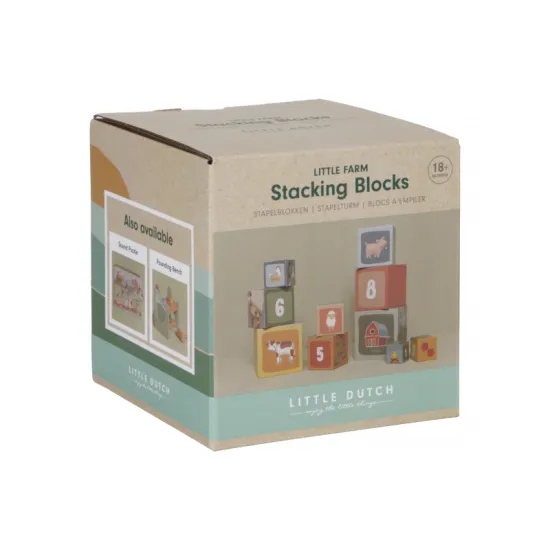 Würfelstapel Bauernhof mit nummerierten Würfeln, die das Erlernen des Zählens und logischen Denkens unterstützen.