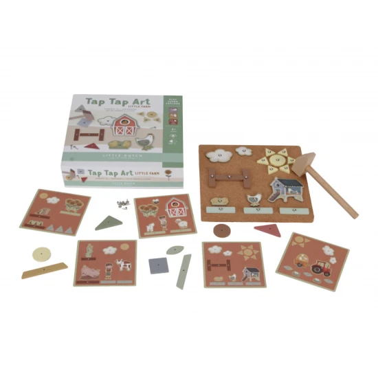 Das Kreativset Tap Tap Farma enthält einen Holzhammer, Pappformen und eine Korkplatte zum Gestalten von Bildern