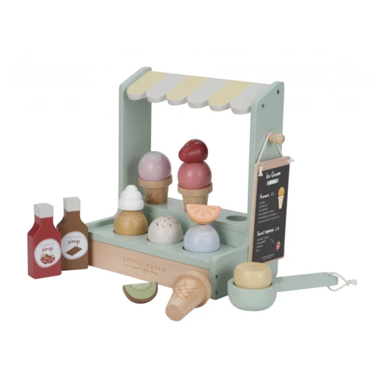 Eisstand aus Holz mit sechs Sorten und Waffeln