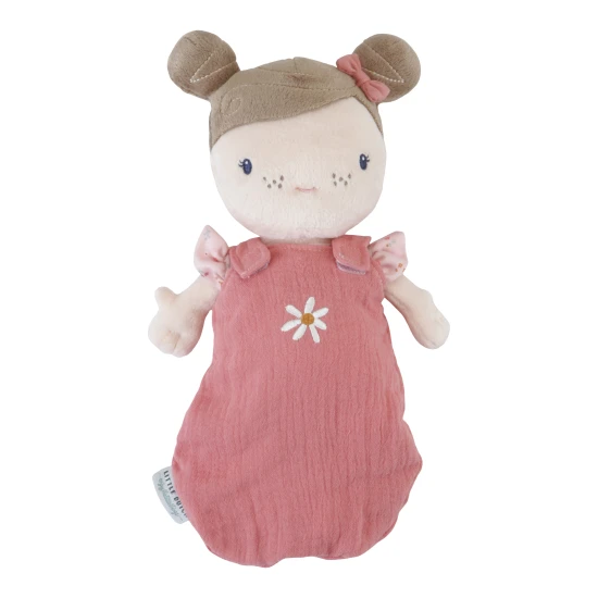 Originelle Stoffpuppe mit Zubehör Baby Rosa mit tragbarem Schlafkorb.