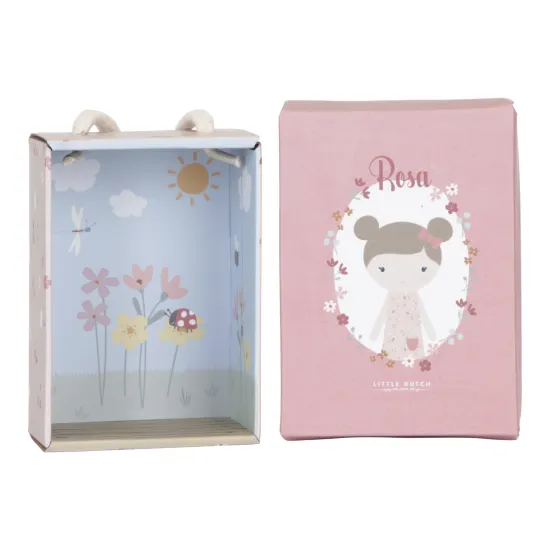 Eine wunderschöne Puppe mit dem Namen Rosa aus weichem, zartem Material in der Größe 10 cm von Little Dutch.