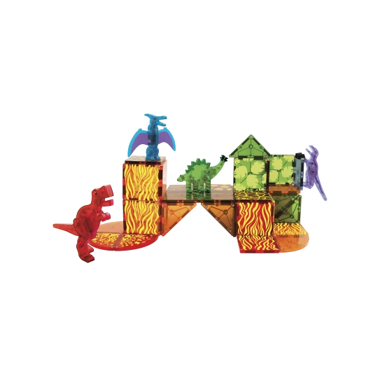 Magnetisches Dino-Bauset mit Dinosauriern und bunten Teilen.
