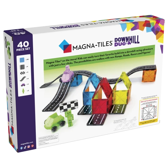 Magnetischer Bausatz Downhill Duo 40-teilig. Ein tolles Geschenk für Kinder, die Autos lieben.