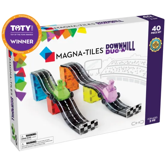 Magnetischer Bausatz Downhill Duo 40-teilig. Ein tolles Geschenk für Kinder, die Autos lieben.