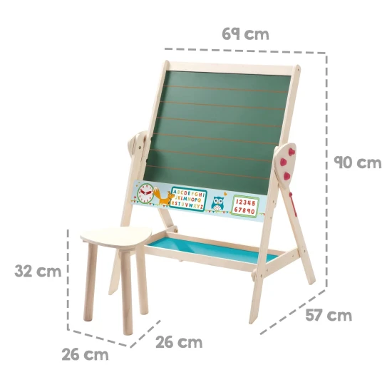 Kombination aus doppelseitiger Schultafel und Kindertisch mit Stuhl