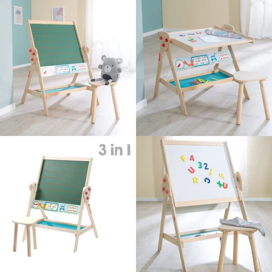 Kombination aus doppelseitiger Schultafel und Kindertisch mit Stuhl