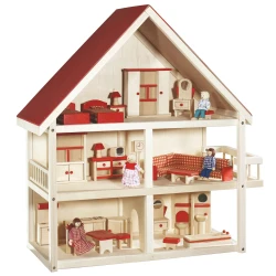 Puppenhaus mit Möbeln Rot/Natur