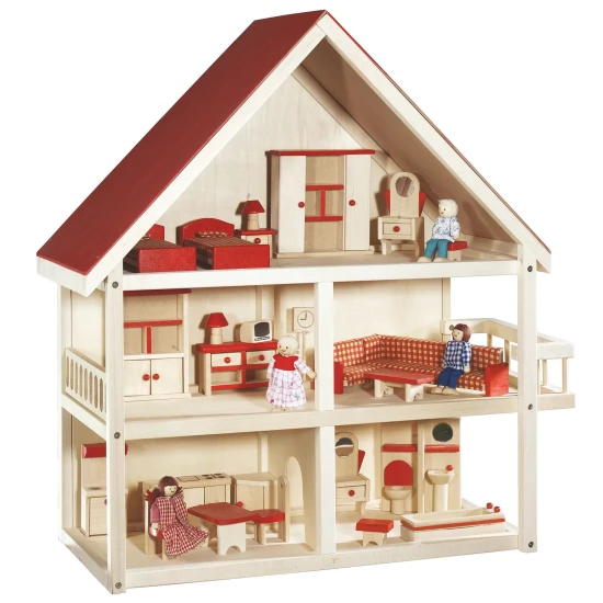 Puppenhaus mit Möbeln Rot/Natur
