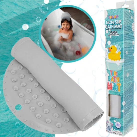 Rutschfeste graue Badematte mit Saugnäpfen für Sicherheit und Komfort beim Baden.