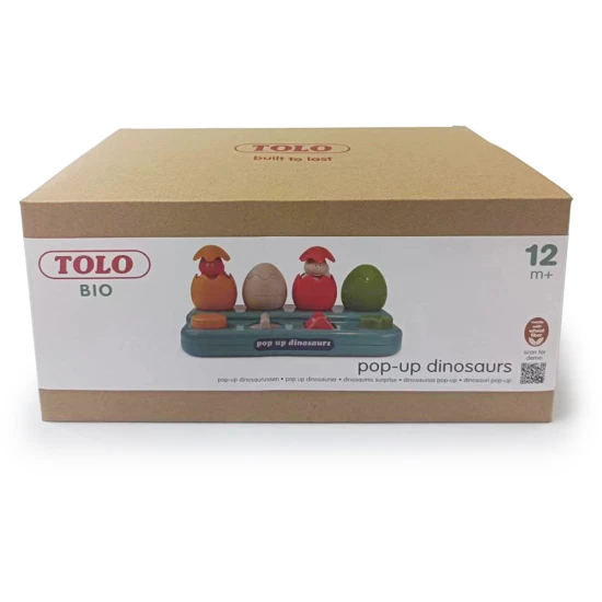 Einsteckbare Pop-up-Dinosaurier mit Knöpfen und Eiern, aus denen Dinosaurier herausspringen.