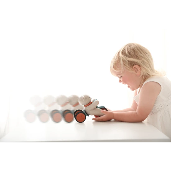 Tolo Medvedík auf einem Dreirad, drücken Sie den Kopf, um sich in Bewegung zu setzen