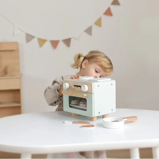 Mini-Backofen und -herd aus Holz für Kinder mit Backzubehör