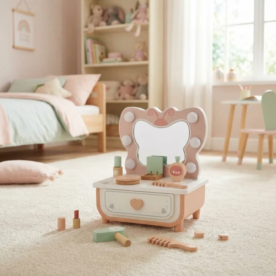 Tooky Toy Holzschminktisch – Kindertisch mit Spiegel und Accessoires