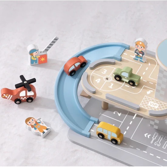 Tooky Toy Holzgarage mit Autos – mehrstöckige Holzgarage mit Rampe, Hubschrauber und Zubehör
