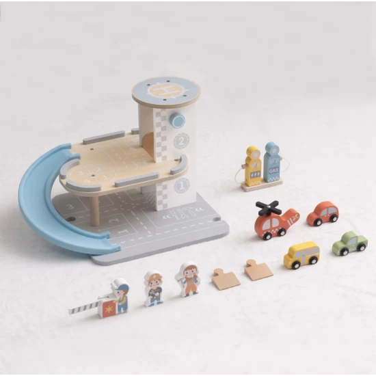 Tooky Toy Holzgarage mit Autos – mehrstöckige Holzgarage mit Rampe, Hubschrauber und Zubehör