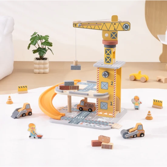Kran- und Auto-Set von Tooky Toy – Holzbauset mit Kran, Autos und Spielfiguren