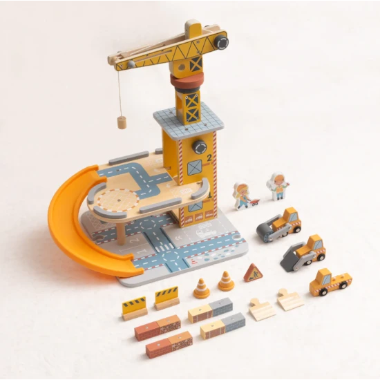 Kran- und Auto-Set von Tooky Toy – Holzbauset mit Kran, Autos und Spielfiguren
