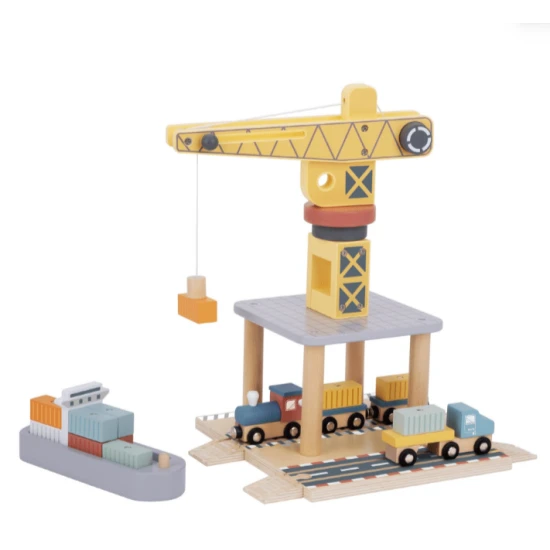 Holzkran für Kinder, Hafen und Eisenbahnstrecke