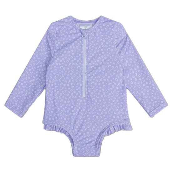 Kinder Mädchen Badeanzug mit langen Ärmeln UPF 50+ Leopard lila Swim Essentials