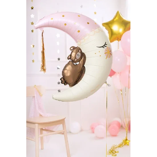 Teddybär auf dem Mondballon mit rosa Elementen. Ein tolles Accessoire für eine Kinderparty.