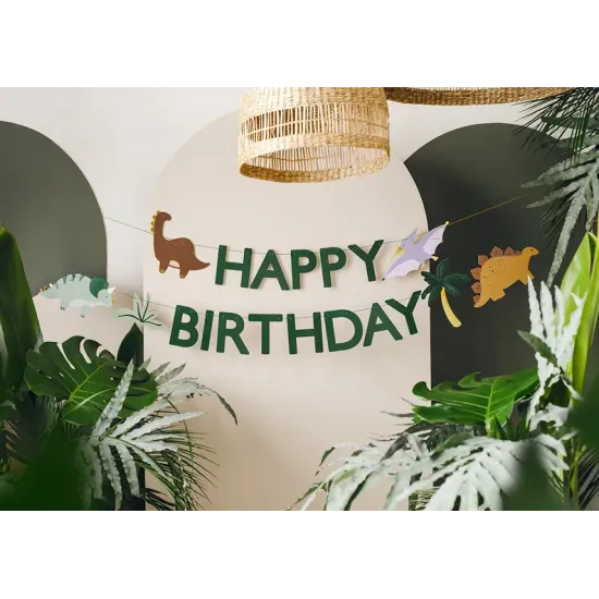 Eine wunderschöne Girlande mit der Aufschrift Happy Birthday und verschiedenen Cartoon-Dinosauriern.