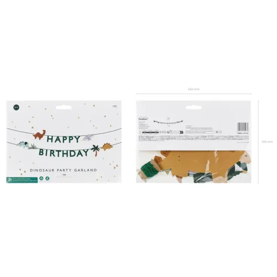 Eine wunderschöne Girlande mit der Aufschrift Happy Birthday und verschiedenen Cartoon-Dinosauriern.