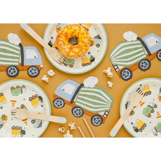 Geburtstagsteller für eine Kinderparty mit dem Motiv Baufahrzeuge.