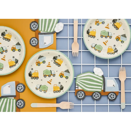 Geburtstagsteller für eine Kinderparty mit dem Motiv Baufahrzeuge.