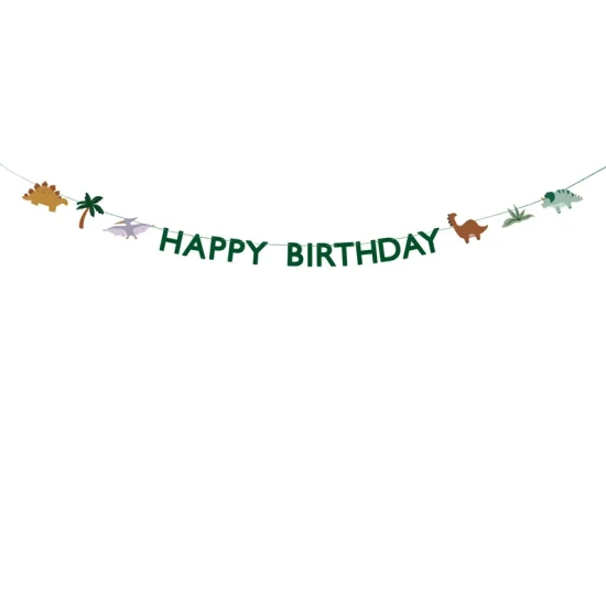 Eine wunderschöne Girlande mit der Aufschrift Happy Birthday und verschiedenen Cartoon-Dinosauriern.