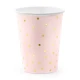 Gläser, die jede Party aufheitern. Rosa Pappbecher sind mit goldenen Punkten verziert.