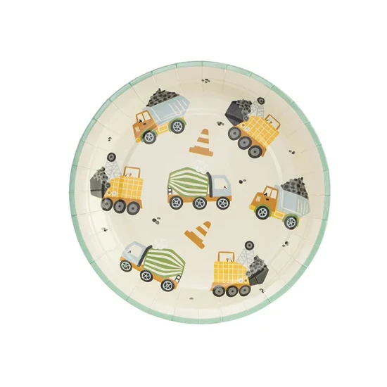 Geburtstagsteller für eine Kinderparty mit dem Motiv Baufahrzeuge.