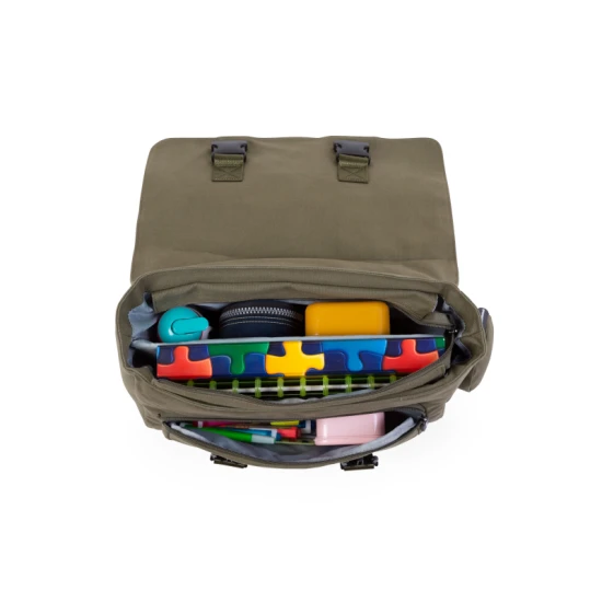 Childhome Canvas Khaki – Schultasche mit Reflex-Regenhülle 39×31×12 cm