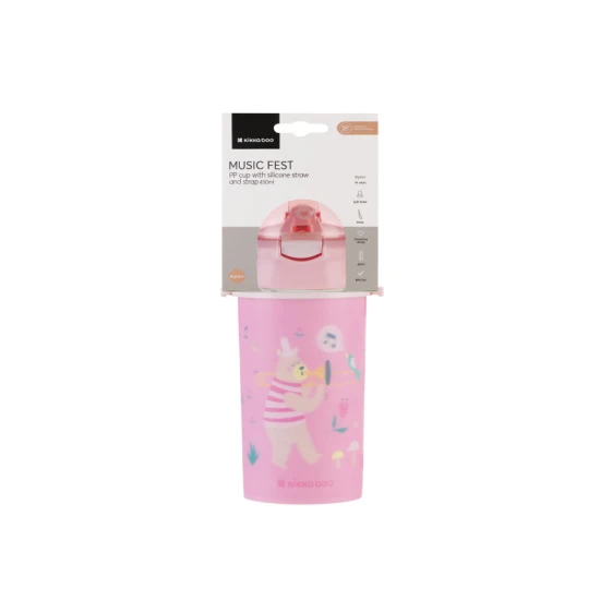 Trinkbecher mit Silikon-Trinkhalm und Trageband 450 ml Music Fest Pink - KikkaBoo 31302030081KB