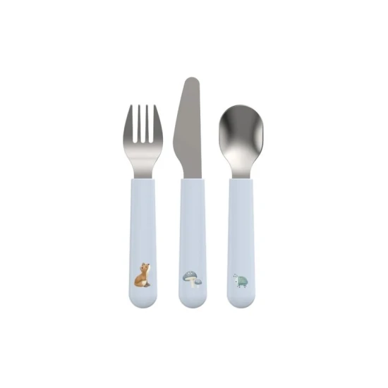 Sicheres Edelstahlbesteck mit Kunststoffgriff für einfaches Halten.